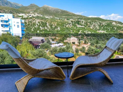 Terrace with mountain views at Blue Boutique Hotel in Dhërmi